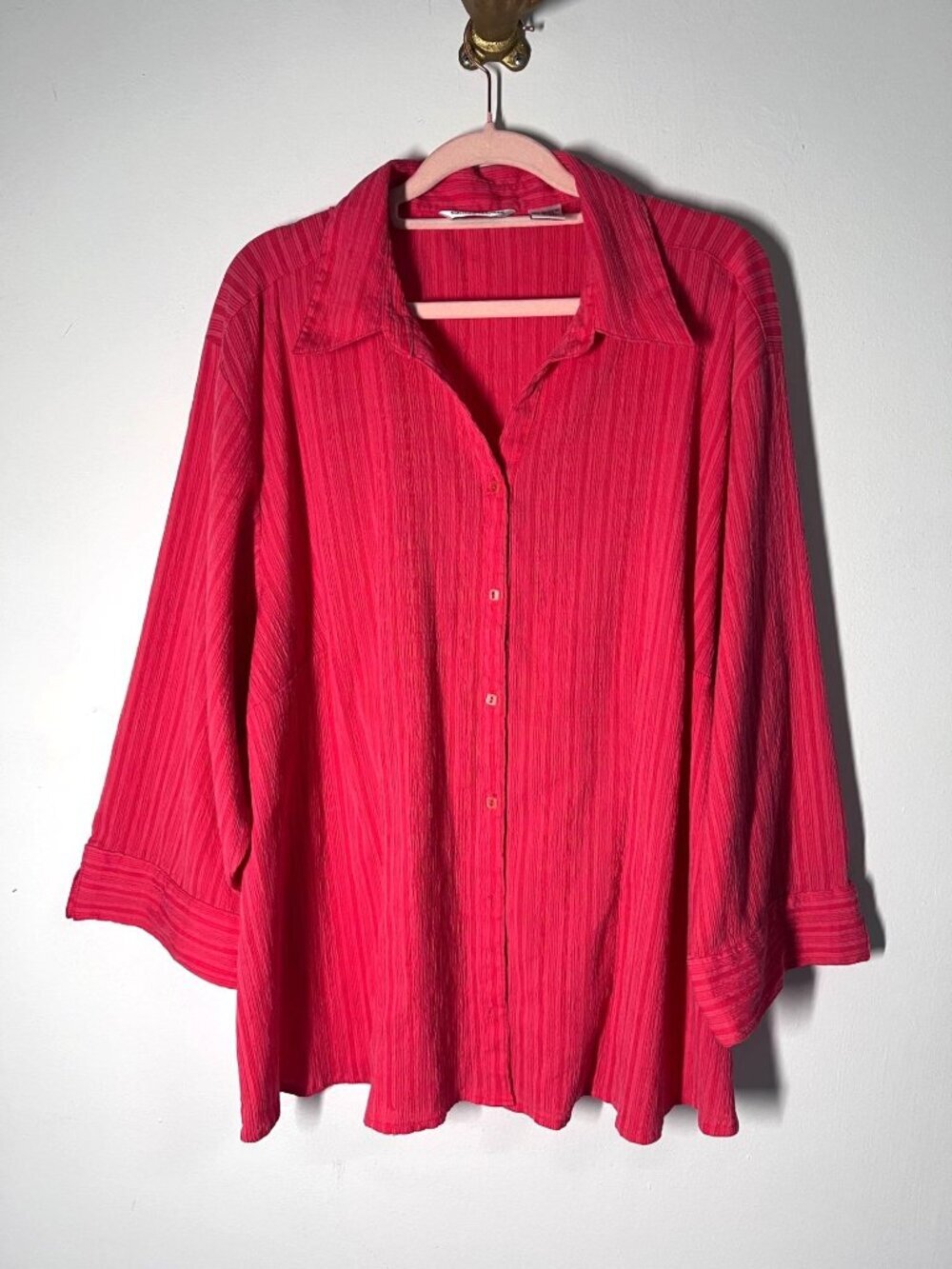 Quizz Woman Coral Pink Textured Button-Down Blouse With 3/4 Sleeves Size 22W